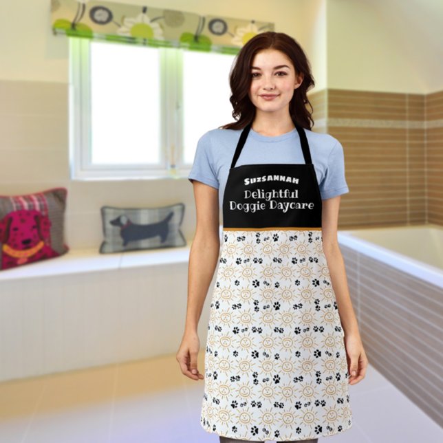 Orange Hand Drawn Sun Paws Pattern Pet Care Apron (Creator Uploaded)