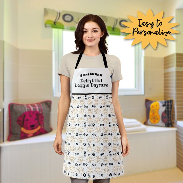 Orange Hand Drawn Sun Paws Pattern Pet Care Apron (Keep clean at your business or home with a fun custom all over pattern apron of paws and sunshine.)