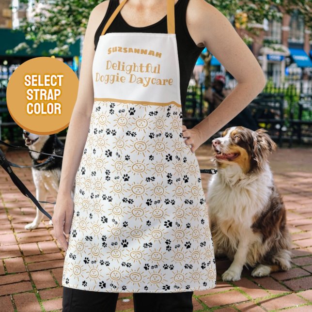 Orange Hand Drawn Sun Paws Pattern Pet Care Apron (medium apron paws and sunshine)