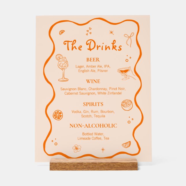 Orange Hand Drawn Tropical Wedding Bar Drink Menu Acrylic Sign (Front)