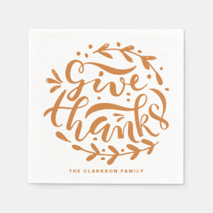 Orange Hand Lettered Give Thanks Thanksgiving Napkins