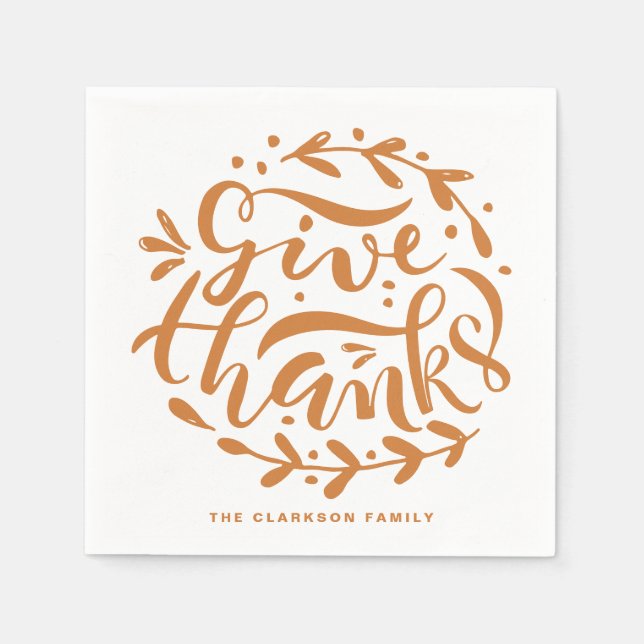 Orange Hand Lettered Give Thanks Thanksgiving Napkins (Front)