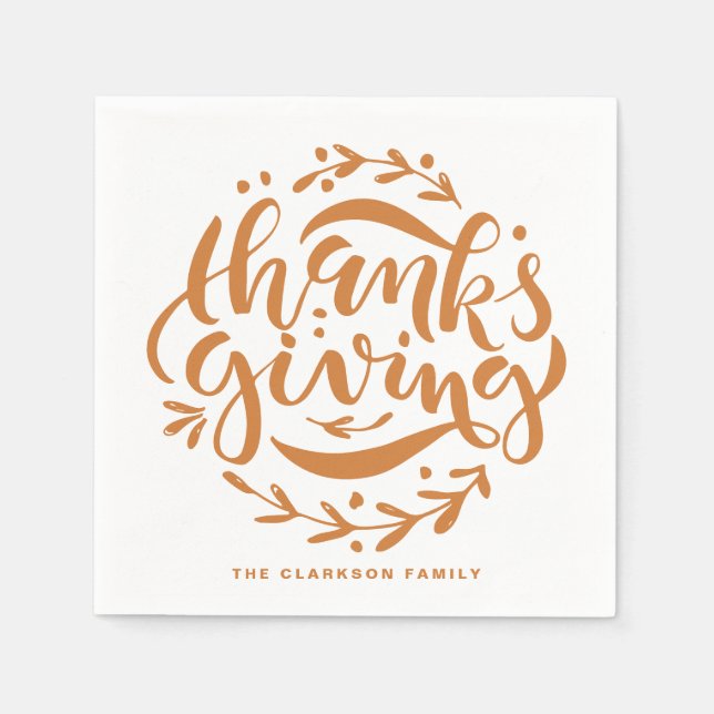 Orange Hand Lettered Thanksgiving Wreath Napkins (Front)