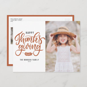 Orange Hand Lettering Happy Thanksgiving Photo Holiday Postcard
