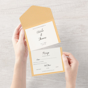 orange handwritten chic script all in one wedding  invitation