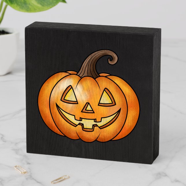 Orange Happy Cartoon Pumpkin Halloween Wooden Box Sign (In Situ Horizontal)