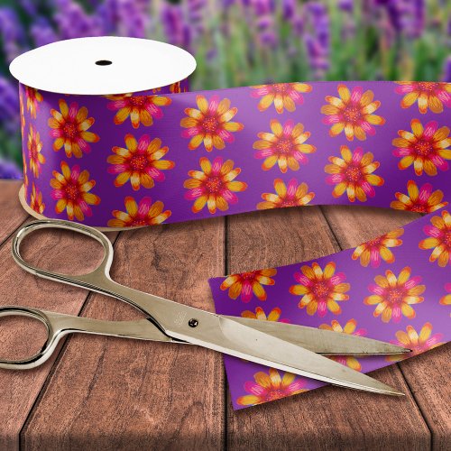 Orange Happy Cheerful Boho Hippie Floral Art Print Satin Ribbon