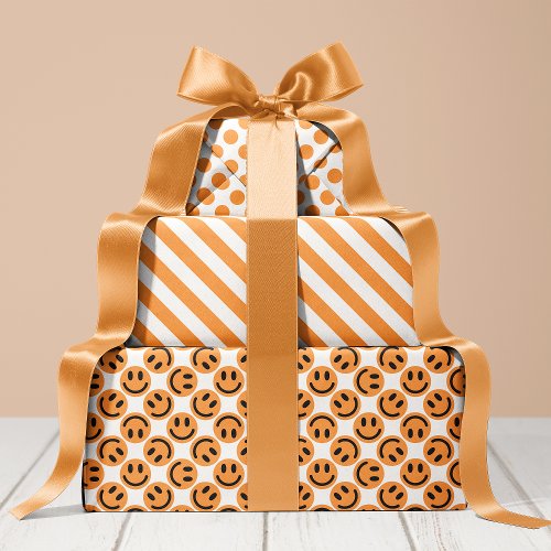 Orange Happy Face Stripes And Polka Dot Wrapping Paper Sheets