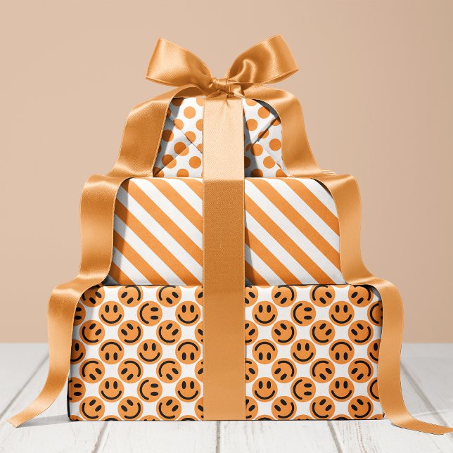 Orange Happy Face Stripes and Polka Dot Wrapping Paper Sheets (Creator Uploaded)
