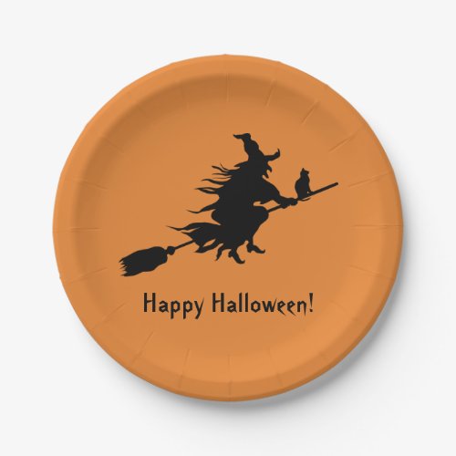 Orange Happy Halloween 2018 Black Witch Silhouette Paper Plates