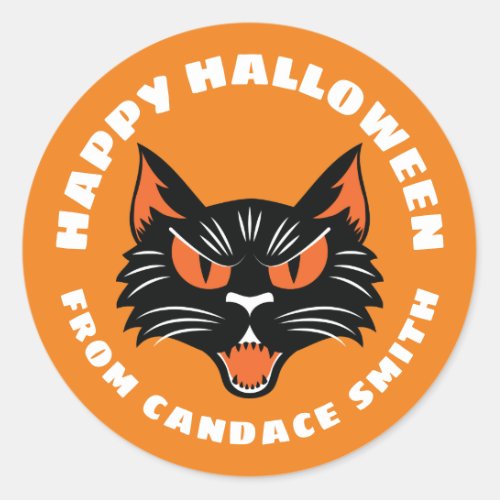 Orange Happy Halloween Black Cat Personalized Classic Round Sticker