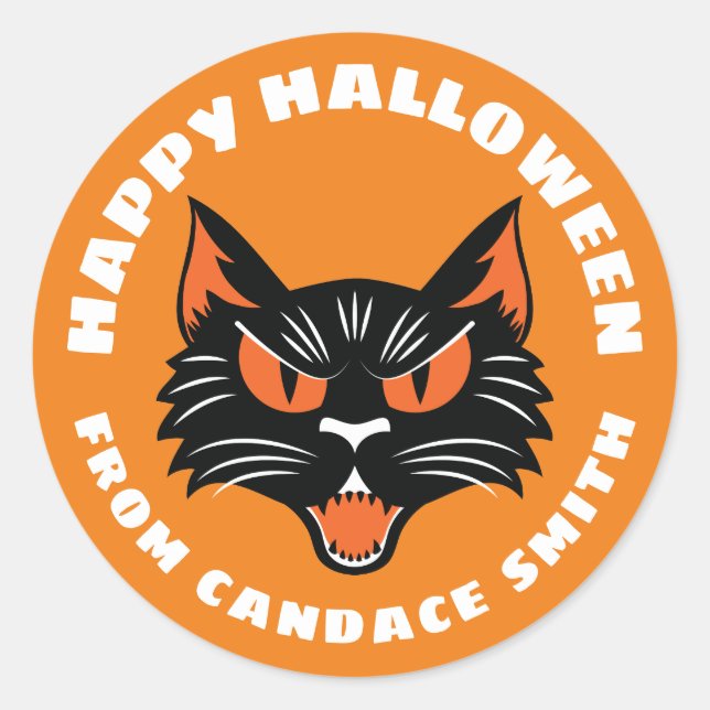 Orange Happy Halloween Black Cat Personalized Classic Round Sticker (Front)