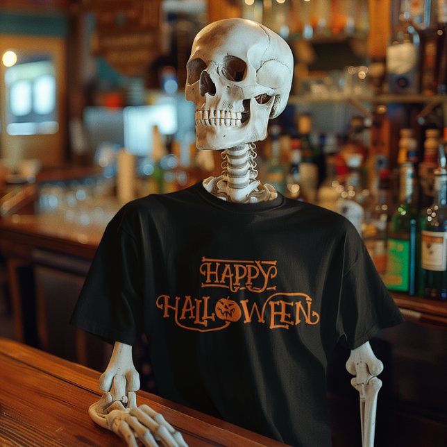 Orange Happy Halloween Bony Typography T-Shirt (Happy Halloween Typography Black Tee)