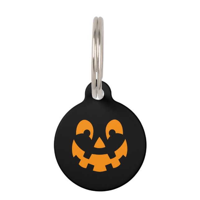 Orange Happy Halloween Pumpkin Face On Black Pet ID Tag (Front)