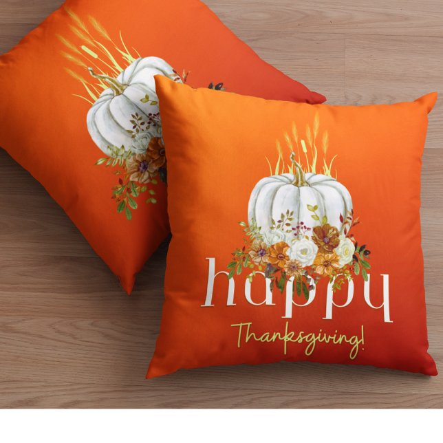 Orange Happy Thanksgiving Autumn Floral Pumpkin Throw Pillow (Creator Uploaded)