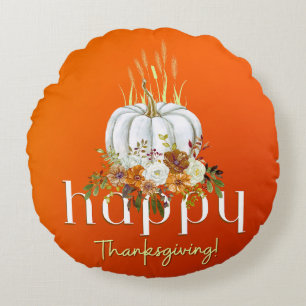 Orange Happy Thanksgiving Fall Floral Pumpkin Round Pillow