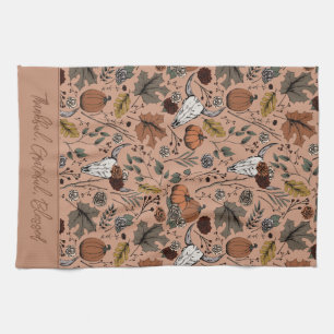 Orange Harvest and Horns Thankful Grateful Blessed Kitchen Towel
