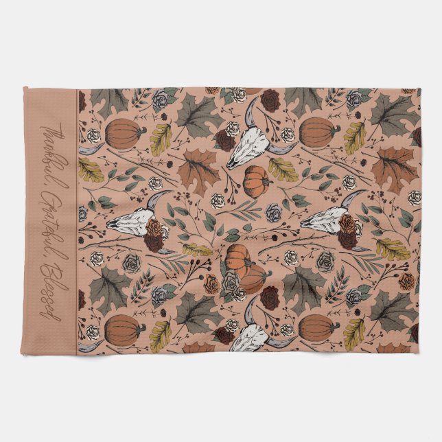 Orange Harvest and Horns Thankful Grateful Blessed Kitchen Towel (Horizontal)