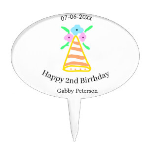 Orange hat 2nd birthday kids retro floral bright b cake topper
