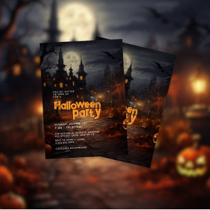 Orange Haunted House Halloween Party Invitation
