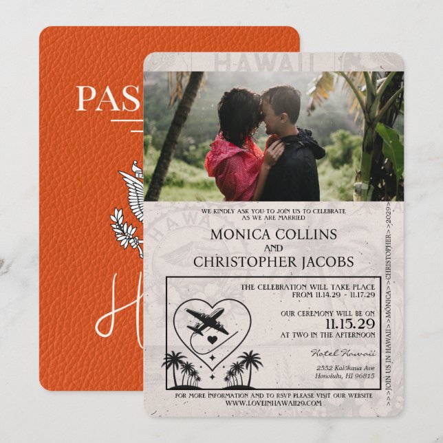 Orange Hawaii Passport Wedding Invitation (Front/Back)