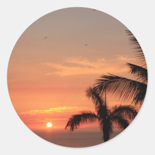 Orange Hawaiian Sunset Birds and Palm Trees Classic Round Sticker