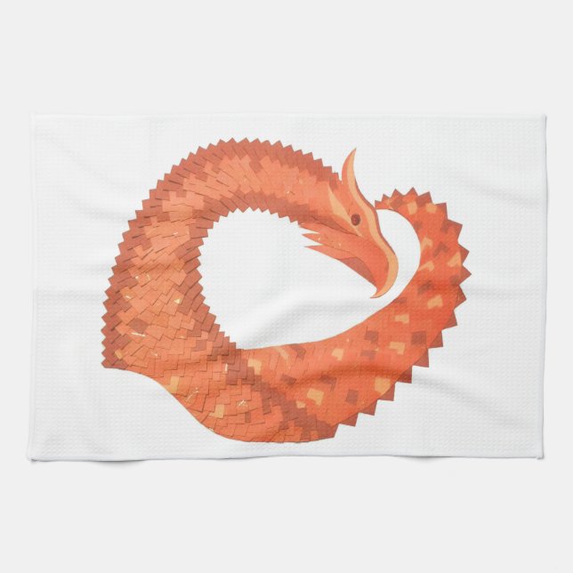 Orange heart dragon on white kitchen towel (Horizontal)