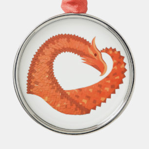 Orange heart dragon on white metal ornament