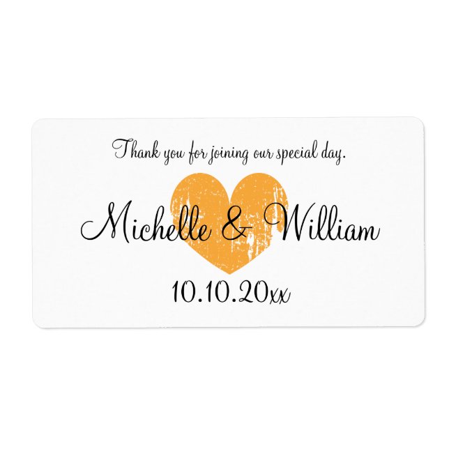 Orange heart wedding wine or water bottle labels (Front)
