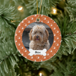 Orange Hearts Paws Custom Pet Puppy Dog Photo Ceramic Ornament