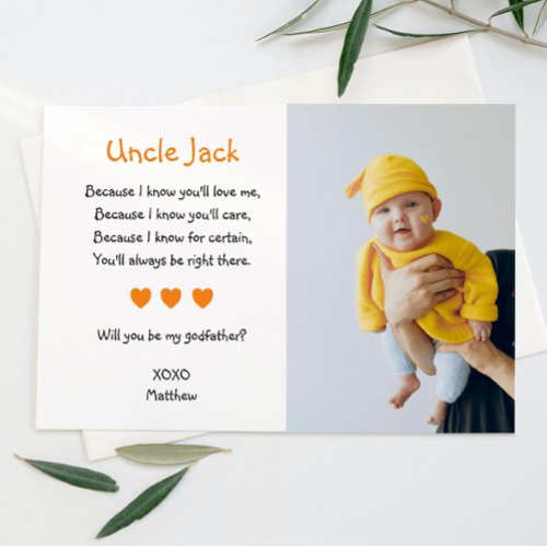 Orange Hearts Will You Be My Godfather With Photo Invitation