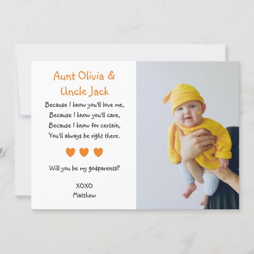 Orange Hearts Will You Be My Godparents with Photo Invitation