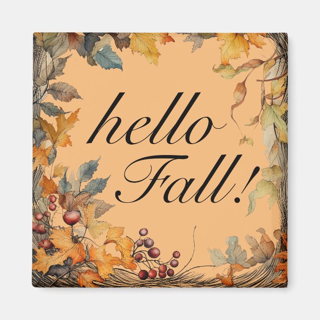 Orange "hello Fall!" Autumn Leaves  Magnet (Front)