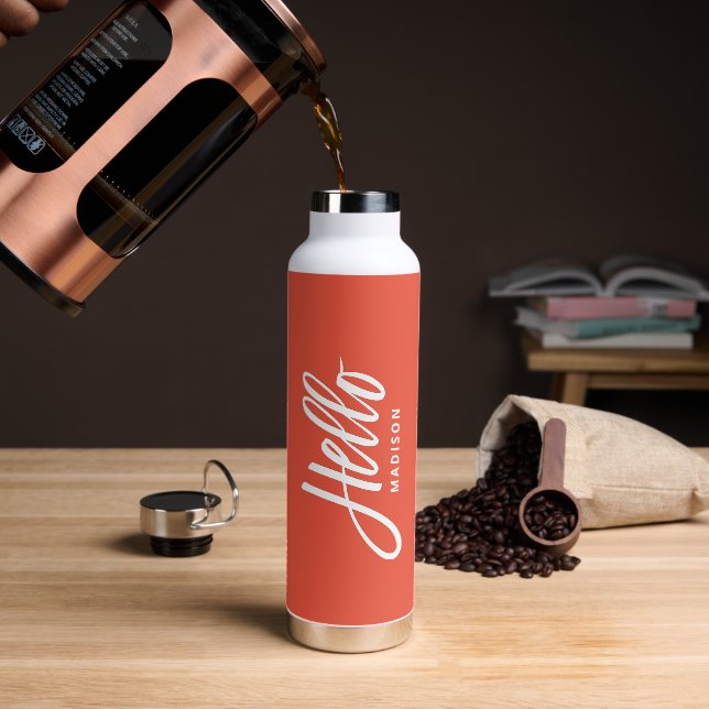 Orange Hello Modern Simple Script with Your Name Water Bottle (Coffee)
