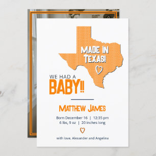 Orange Herringbone Made in Texas Photo Baby Announcement