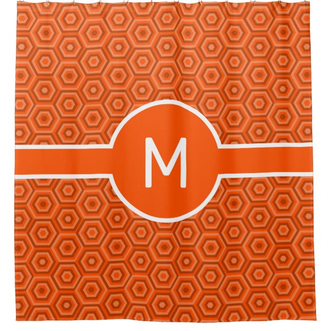 Orange Hexagons with Central Monogram Geometric Shower Curtain (Front)