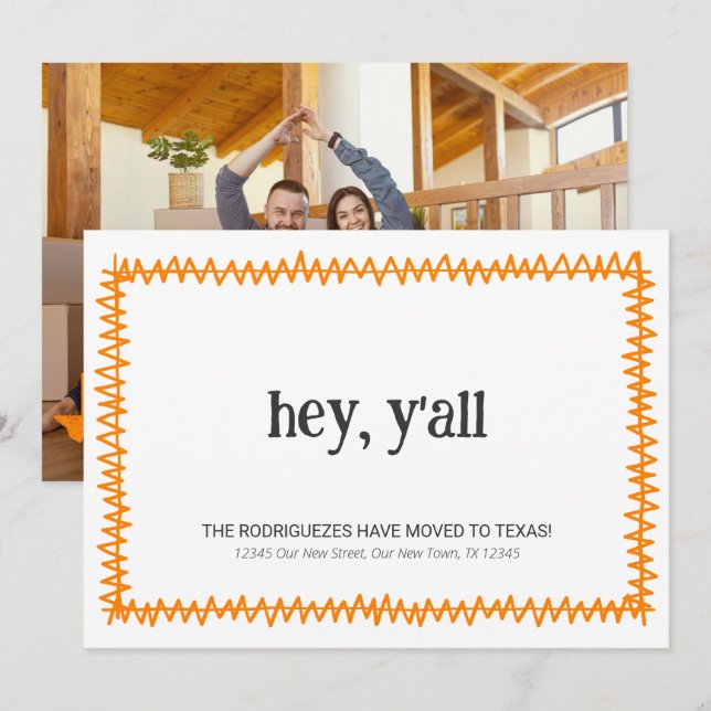Orange Hey Y'all - Moved to Texas Announcement (Front/Back)