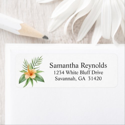 Orange Hibiscus and Palm Frond Tropical Floral Label