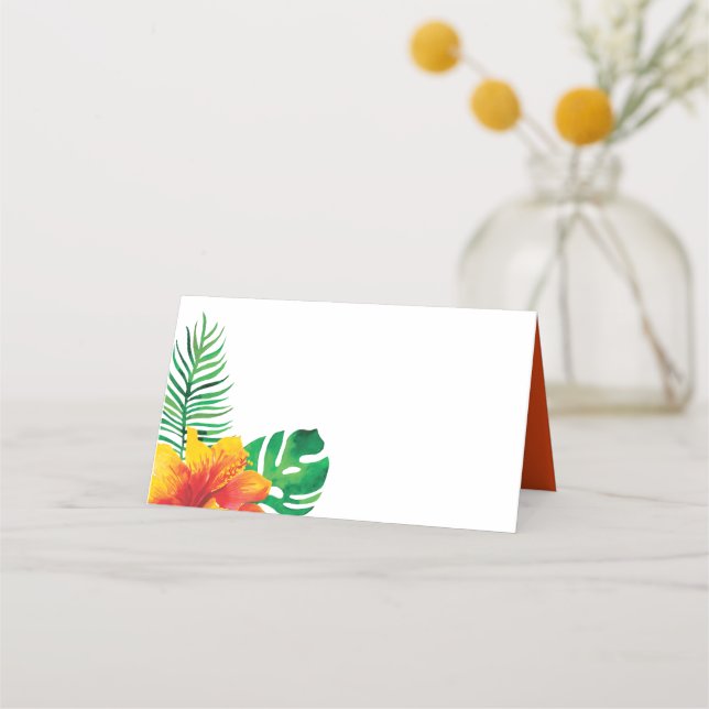 Orange Hibiscus and Tropical Leaves Place Card (Back)