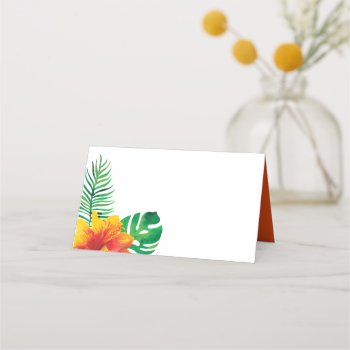 Orange Hibiscus And Tropical Leaves Place Card by Charmalot at Zazzle