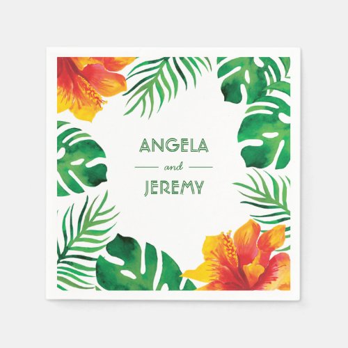 Orange Hibiscus and Tropical Leaves Wedding 2 Napkins