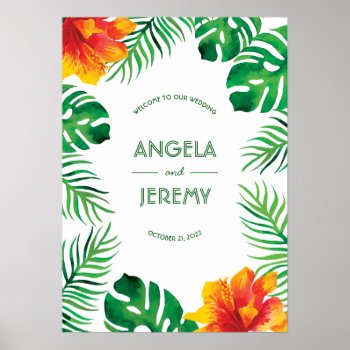 Orange Hibiscus And Tropical Leaves Wedding Poster by Charmalot at Zazzle