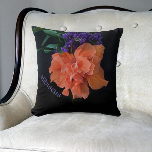Orange Hibiscus Flower Dramatic Black Throw Pillow