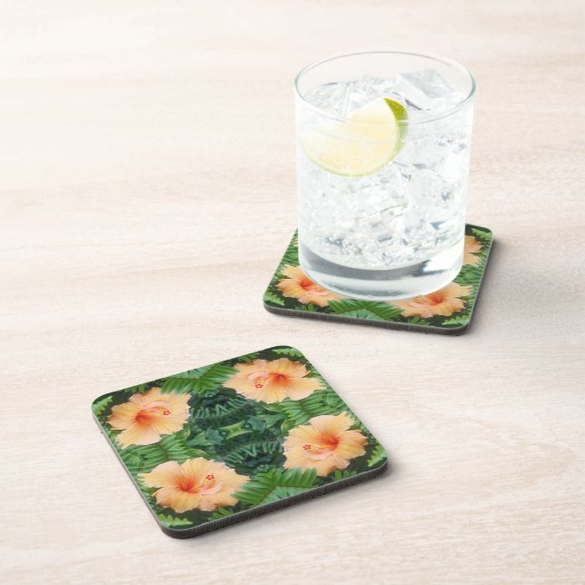 Orange Hibiscus Flower Pattern Beverage Coaster (Right Side)