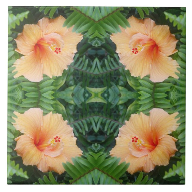 Orange Hibiscus Flower Pattern Ceramic Tile (Front)