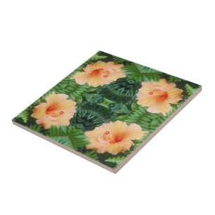 Orange Hibiscus Flower Pattern Tile