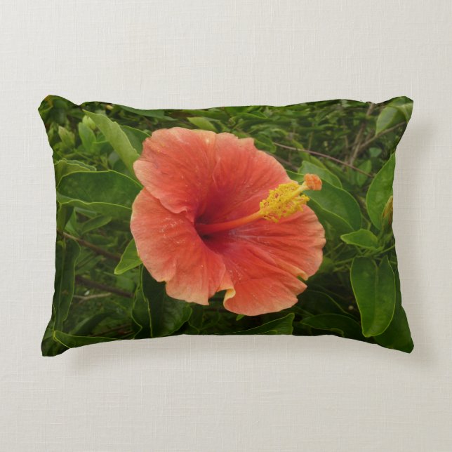 Orange Hibiscus Flower Tropical Floral Accent Pillow (Front)