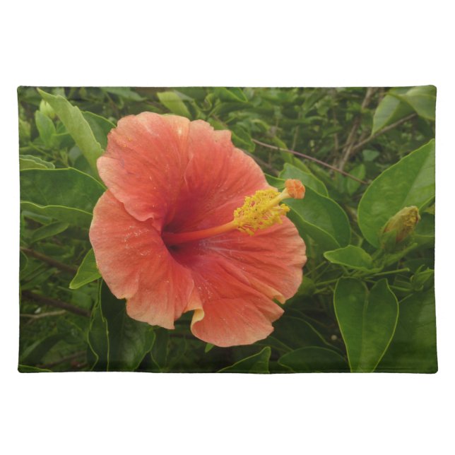 Orange Hibiscus Flower Tropical Floral Cloth Placemat (Front)