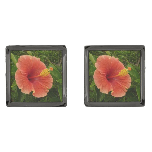 Orange Hibiscus Flower Tropical Floral Cufflinks (Front)