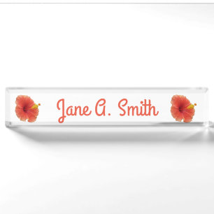 Orange Hibiscus Flower Tropical Floral Desk Name Plate